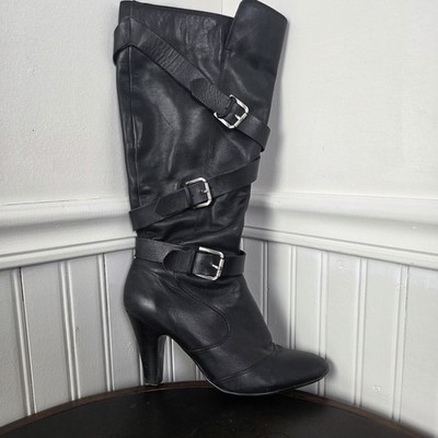 Vtg Nine West Black Leather Motorcycle Biker TallBuckles Womens Goth Boots Sz 8