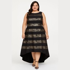 Adrianna Papell Black Silver Lace Mikado Striped Sleeveless Hi Lo Dress 22W Gown