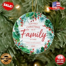 Personalized Our First Christmas As A Family Of Three Rustic Ceramic Ornament