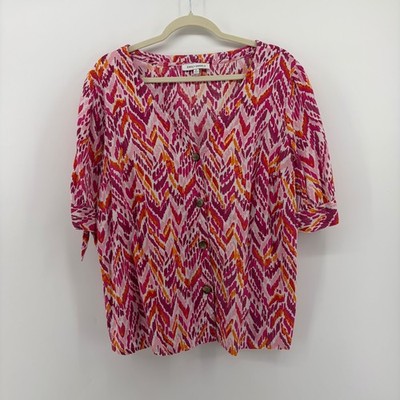 EMILY DANIELS Women's XL Linen Rayon Print Button Front 3/4 Sleeve Tie Cuff Top