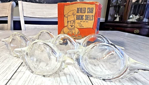 🦀 Vintage 1950s GlasBake Deviled Crab Dishes Set of 6 w/ Box Union Made USA 🦀