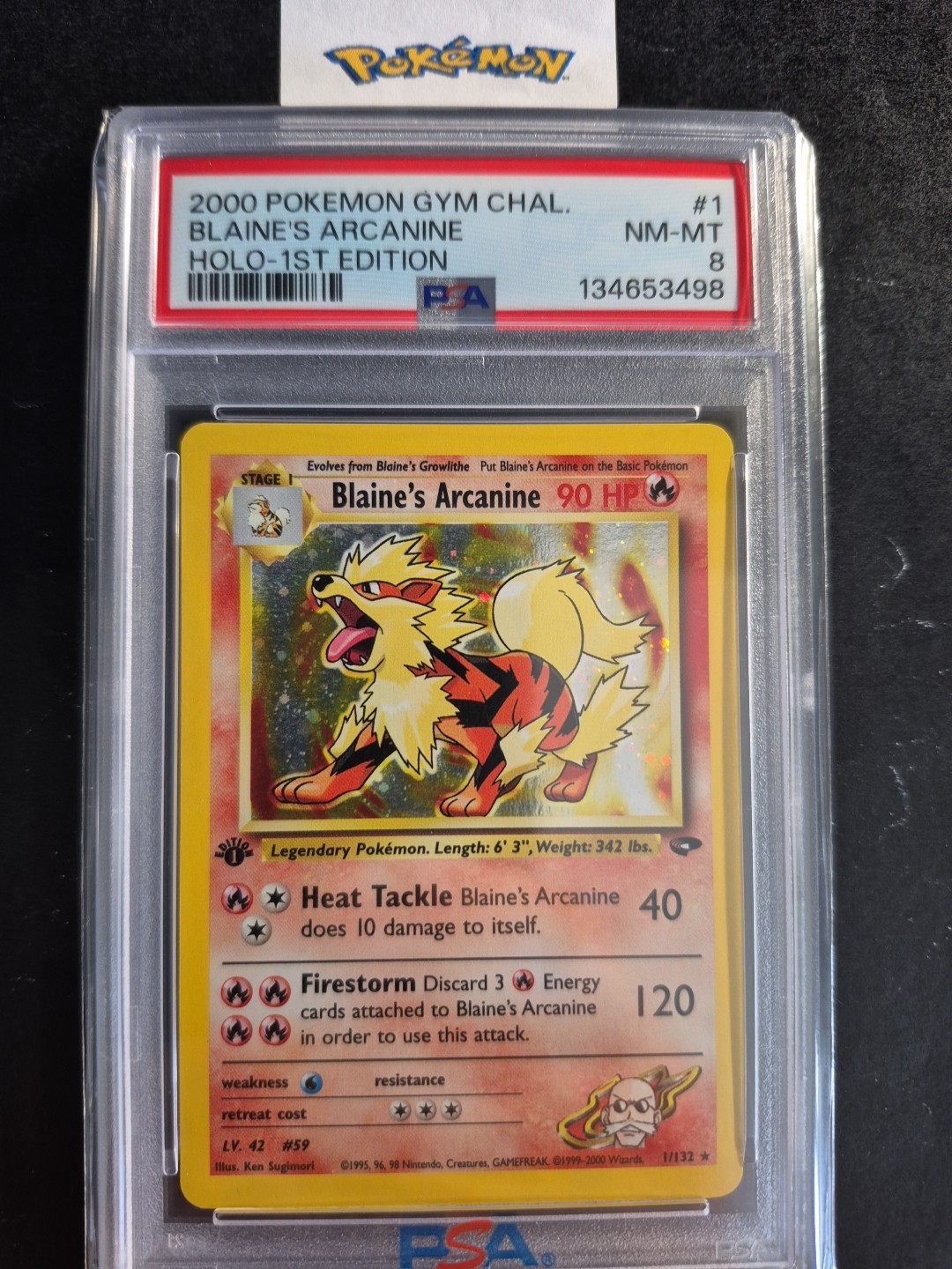 First Edition 2000 Pokemon Gym Challenge 1/132 Blaines Arcanine Holo PSA NM-MT 8