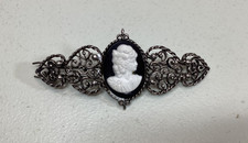 Vintage Cameo Barrette Resin Black And White Cameo Silvertone Filagree Unmarked
