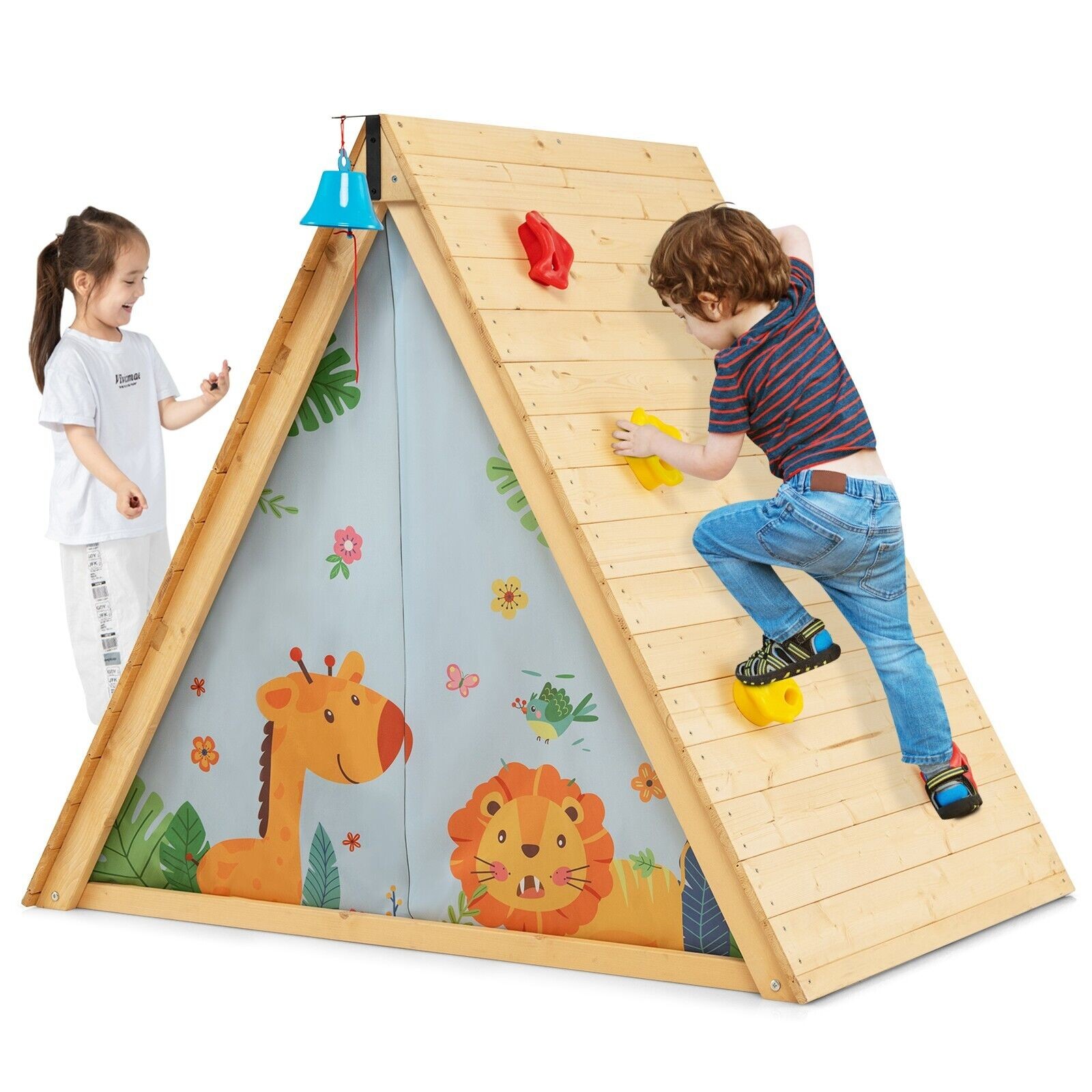 2-in-1 Children Climbing Frame Kids Wooden Playhouse with Front Bell Window
