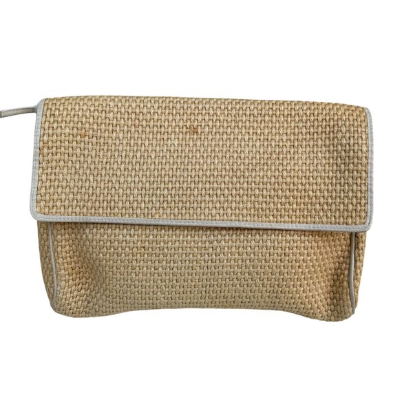 Bottega Veneta Vintage Woven Raffia Leather Trim Clutch Bag Beige White Italy
