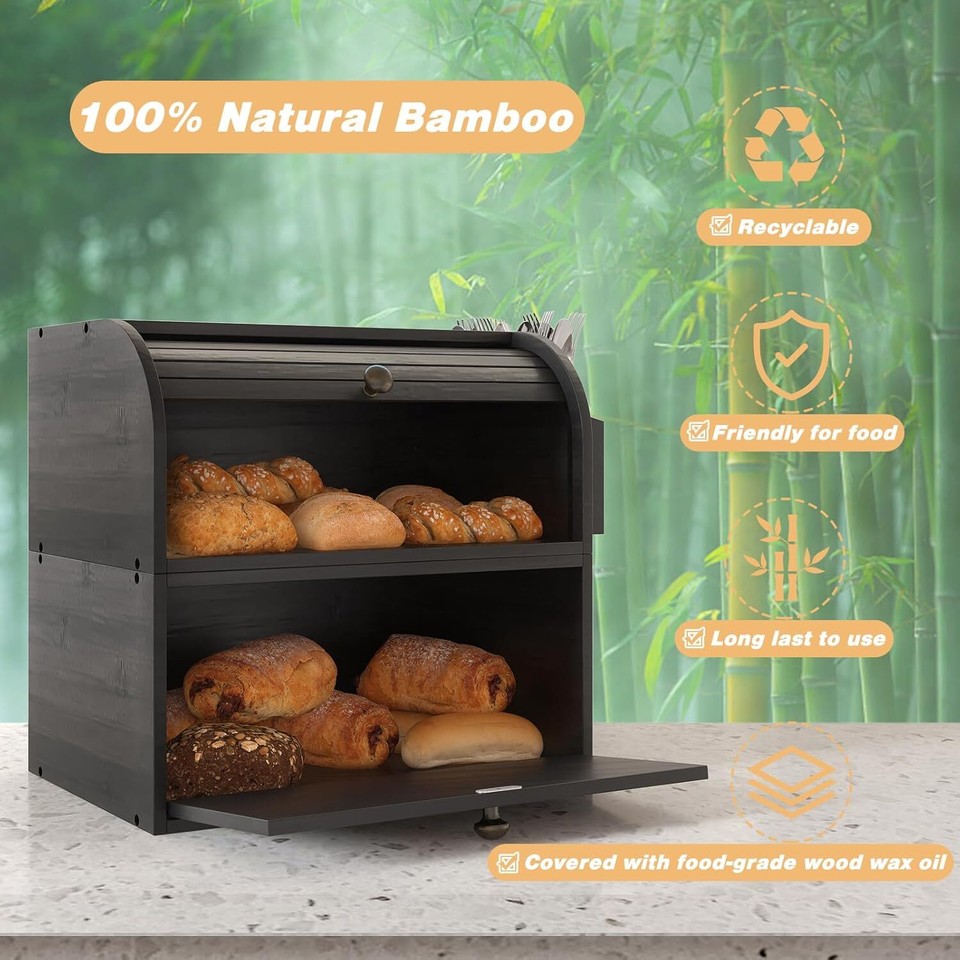 Bamboo Bread Box for Kitchen Counter Dobule Layer Roll Top Bread