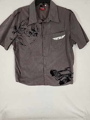 Fly Racing Mens Graphic All Over Print Button Up Shirt Mens Gray Moto BMX Sz L