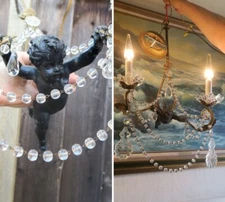 Vintage Chandelier French Lamp Flying Cherub Tole Brass Spelter Crystal prisms