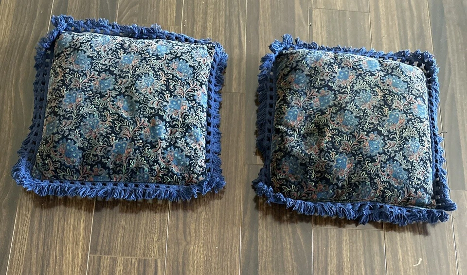 Декоративные подушки винтажный цветочный синий бархат комплект 2 MCM ручной работы 1960-х отделка - Изображение 4 из 4