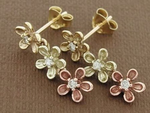 E81 SOLID 9K Gold NATURAL Diamond BLOSSOM Earrings Rose Yellow & White Tri-Gold - Picture 2 of 3