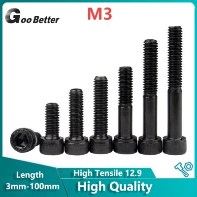 GOO BETTTER M3 Cap Head Allen Bolts Socket Screw Full/Partial Thread High Tensile 12.9 Black