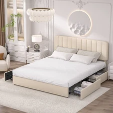 Twin Full Queen King Bed Frame Platform with Upholstered Headboard Wooden Slat