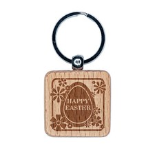 Happy Easter Egg Silhouette And Flowers Engraved Wood Square Keychain Tag Charm