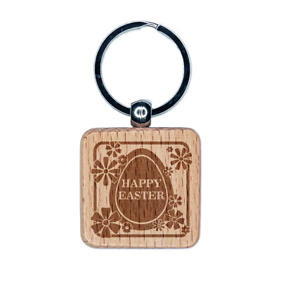 Happy Easter Egg Silhouette And Flowers Engraved Wood Square Keychain Tag Charm