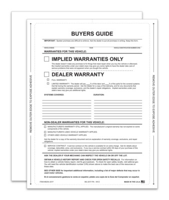 1 PART SELF ADHESIVE BUYERS GUIDE PACK OF 100 FORM IMPLIED WARRANTY CAR DEALER