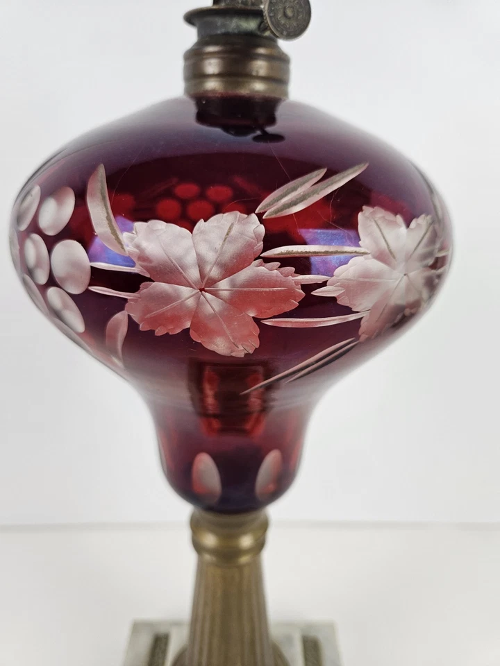 Antique 1870's MILLER Etched Cranberry Cut To Clear Victorian Footed Oil Lamp - Image 2 of 4