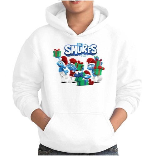 Retro The Smurfs Christmas Present Round Up Youth Hooded Sweatshirt Boy or Girl