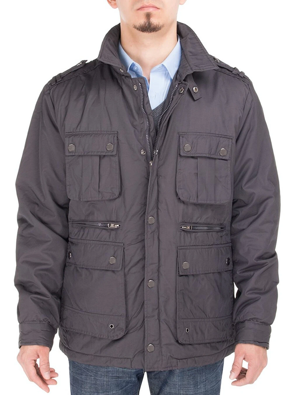 Luciano Natazzi Mens Slim Fit Utilitarian Padded Coat Six-Pocket