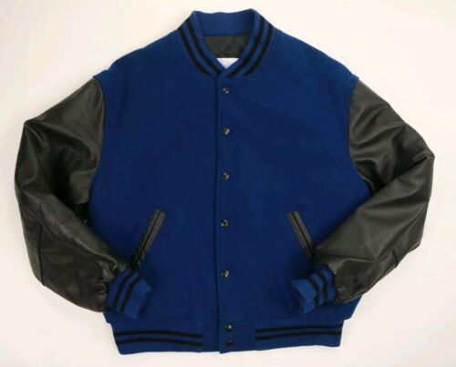 Vintage USA Excelled New York Blue Black Leather Wool Varsity Bomber Jacket L - Picture 2 of 6