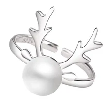ZARD Christmas Reindeer Elk White Pearl Bead Ring in Sterling Sliver