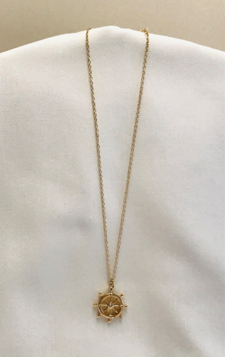 Nautical Ship Wheel Clear Rhinestones Pendant Necklace Gold Tones 18” Boat - Main Image