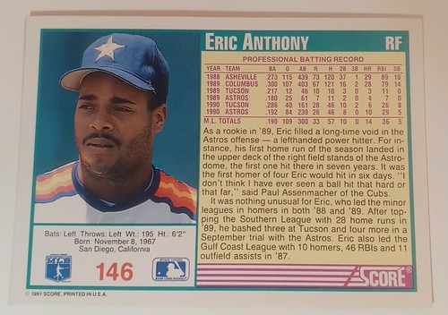 1991 Score Baseball Card Eric Anthony Houston Astros #146 - Picture 2 of 2