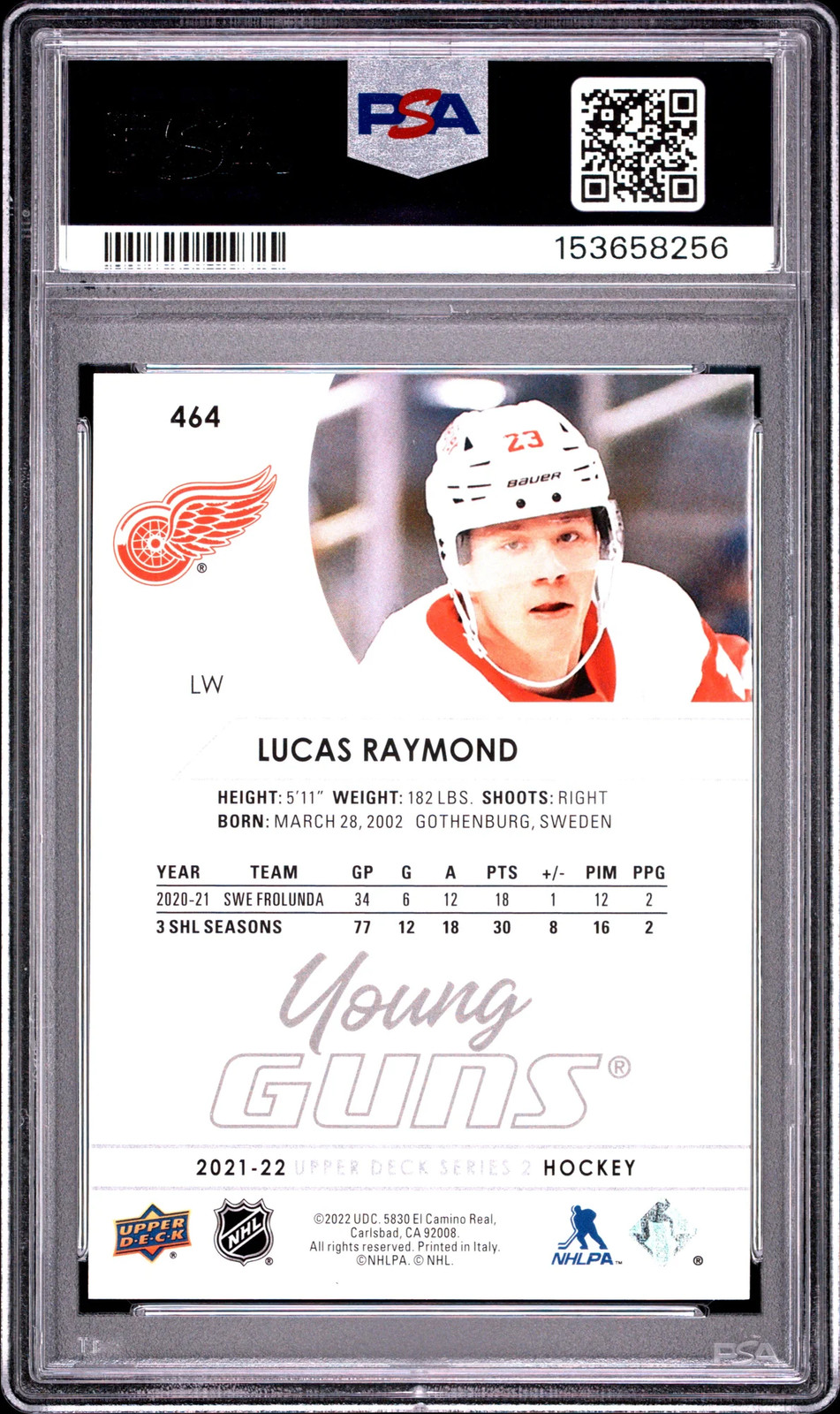 2021-2022 Upper Deck Lucas Raymond #464 Young Guns Rookie PSA 8 view 2