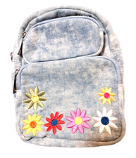 Mochila Pequeña Tela Denim Bordada Flores Bandolera Correa 3 Bolsillos