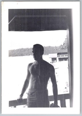 Vtg B&W Snapshot Shirtless Man Muscles Stimac Bath House Eibsee Germany Aug 1952