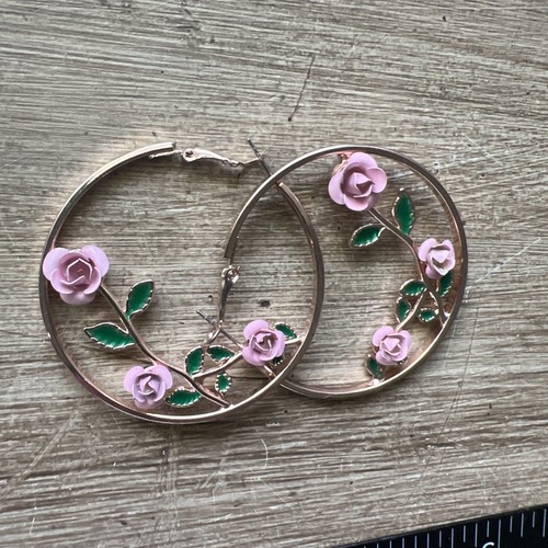 New Rose Gold Pink Roses Hoop Earrings 2” - Picture 4 of 4