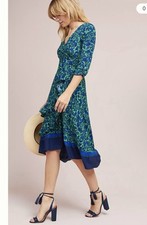 MAEVE ANTHROPOLOGIE Prunella Floral Ruched Wrap Dress Blue Green Size 0P