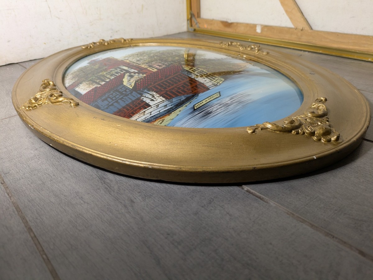 ベネチアン風オーバルミラー Vintage Convex Bubble Glass Reverse Painted Venice Italy Gold Gilt