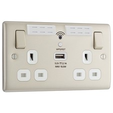Switched Socket Double WiFi Extender With USB 13A Metal Pearl Nickel Effect