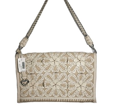 BRIGHTON MASTERPIECE ELAINE 3D FLORAL APPLIQUE WEAVED LEATHER LINEN HANDBAG $380