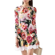 NWT Dolce & Gabbana Lace Trimmed Floral Crepe Mini Dress Multi IT 42 / M