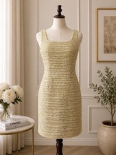Tory Burch Tweed Sheath Dress Yellow White Sleeveless Size 6 Classic Chic