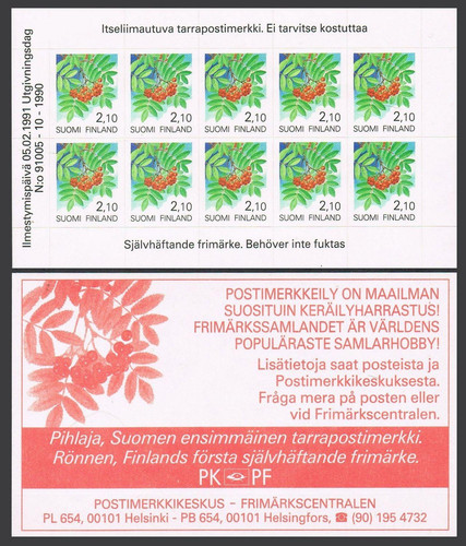 Finland 837 pane of 10 self-adhesive stamps, MNH. Michel 1129. Mv. Rowan, 1991. - Picture 1 of 1