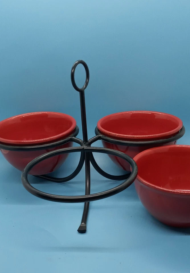 "tag" 3 Bowl Condiment Serving Set W/Black Metal Holder; Paprika Color; Fall - Image 4 of 4