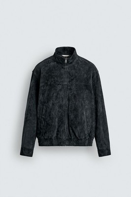New ZARA Men's Regular Fit Navy Blue Suede Leather Jacket - Size XL