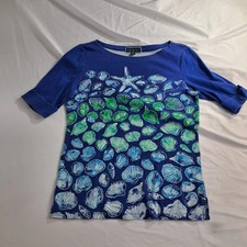 Karen Scott Womens M Blue Seashell Print Three Quarter Sleeve Knit Top