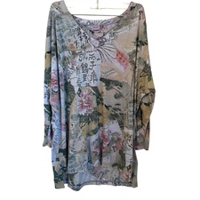 Tianello by Steve Barraza Size L Numi Burnout V-Neck Tunic Blue Asian Print