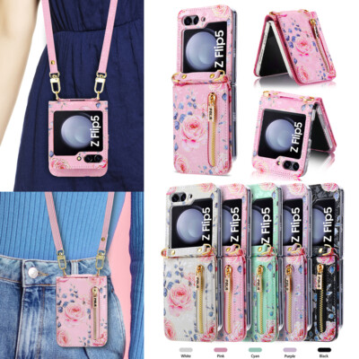 Flower Leather Crossbody Wallet Case Strap For Samsung Galaxy Z Flip 7 6 5 4 3