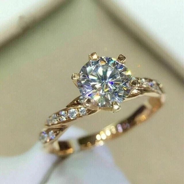 14K Yellow Gold Plated Moissanite Round Cut Band Engagement Ring Tester Pass-image