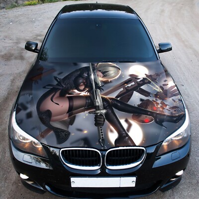 Anime Girl Katana Car Hood Wrap Decal Sword Vinyl Color Graphic Fit Any Car 2X
