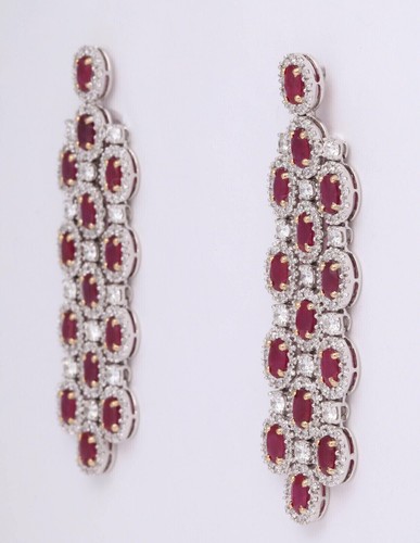 Oval Shape Pink Lab Created Ruby &Cubic Zirconia Women's Chandelier Earrings - Picture 2 of 5