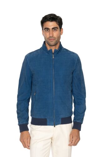 5500$ ISAIA NAPOLI Blue Bomber Jacket Coat 100% Leather Suede Print - Picture 1 of 9