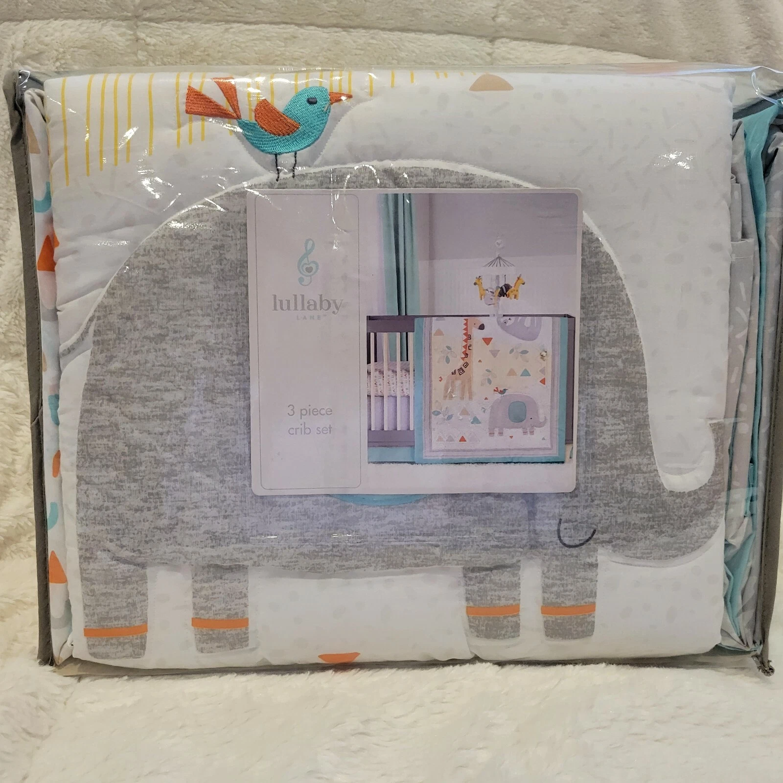 Lullaby Lane 3 PIece Crib Set Elephant Giraffe Comforter Crib Sheet Crib Skirt N