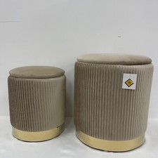 Set 2 Pouf Contenitore Velluto Tortora Sgabello Poggiapiedi Con Anello Dorato