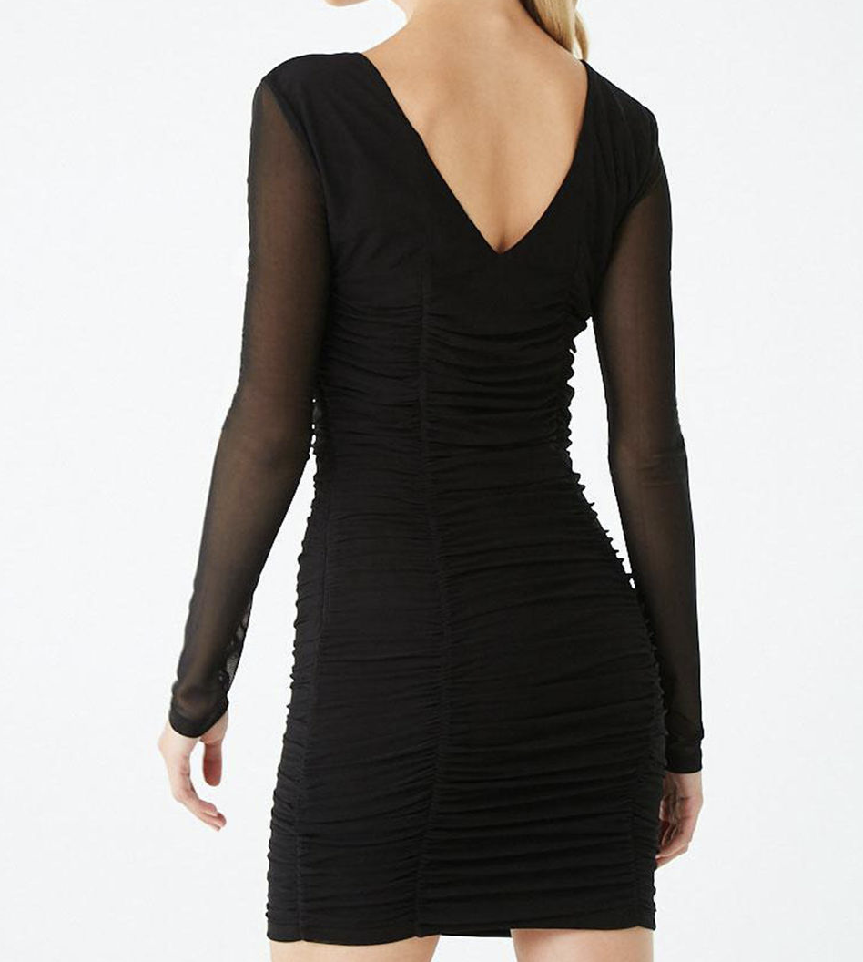 FOREVER 21 BLACK MESH RUCHED LONG SLEEVE DRESS SIZE NEW