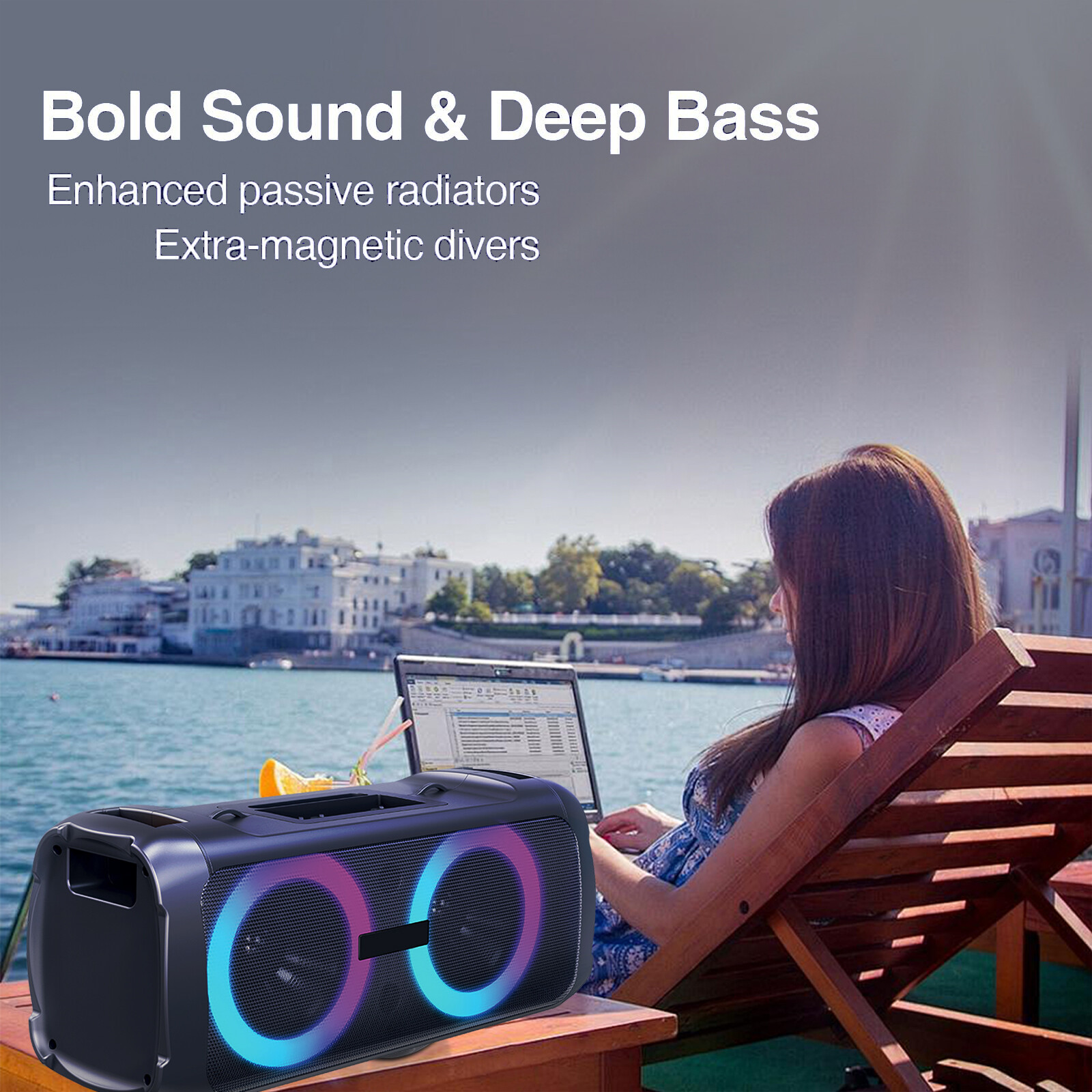 Loud Portable Bluetooth Speaker Dual Sub woofer Party Heavy Bass Sound System